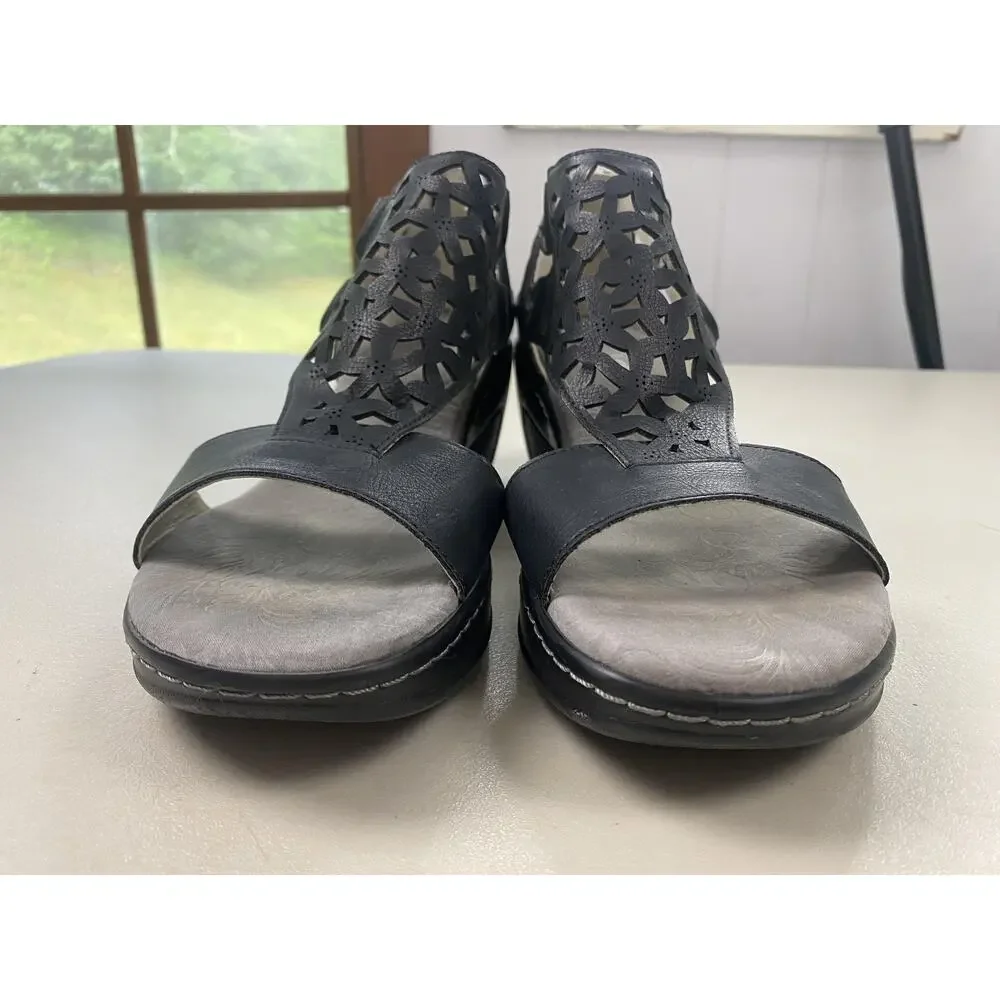 JBU Wedge Sandals Womens 11 Black Vegan Isla Zip Memory Foam Cutout Strappy